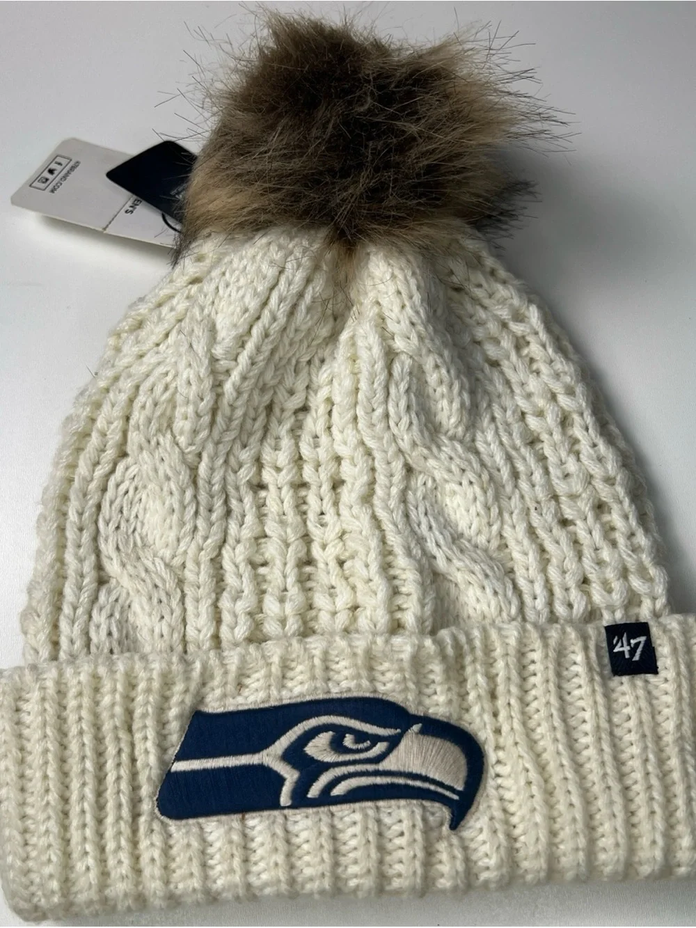 '47 Seattle Seahawks Cream Pom Cable Knit Beanie Women’s OS